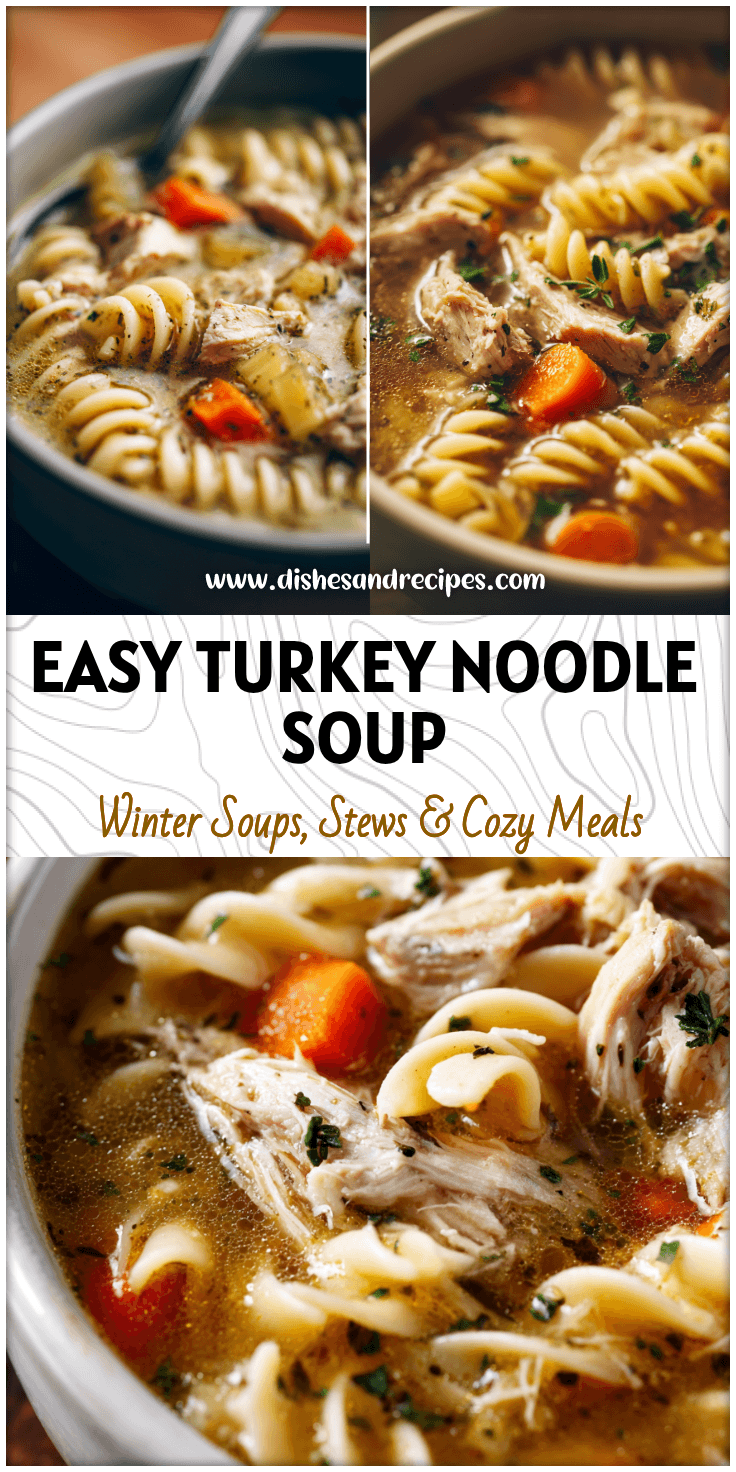 Close-up of steaming homemade turkey noodle soup with pasta and veggies, an easy Thanksgiving Turkey Soup idea.